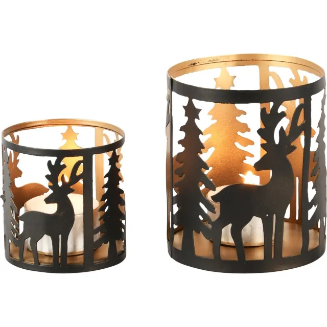 dekoratief Set 2 theelichthouders 'Gazing Deer', zwart/goud, metaal, 8x8x10cm | A248128