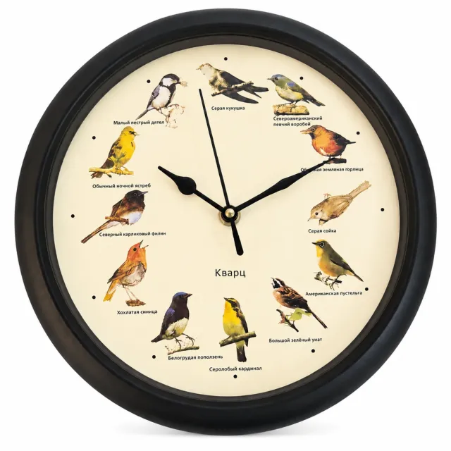 SWGOTA Vogelwandklok 25 cm met zwarte ronde rand, Russische wijzerplaat, 12 vogelgeluiden op het hele uur en nachtelijke geluidspauze