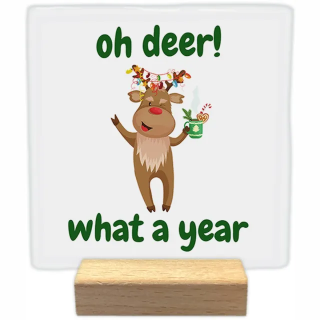 Artige Kerst decoratie tegel met tekst- Oh deer! What a year - keramisch - 10x10 cm - inclusief houder Wit