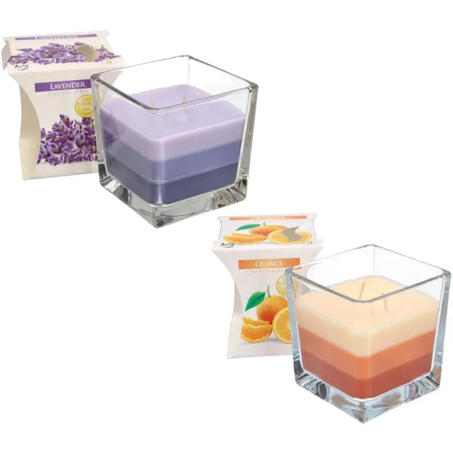 Famanu Set van 2 geurkaarsen met 2 lonten in glas, lavendel en oranje, tweekleurige kaarsen voor aromatherapie en decoratie, brandduur tot 32 uur