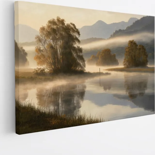 Saammp Canvas Schilderij -Mistig Landschap - Bergen - Natuur - 120x80 - Foto op canvas - Wanddecoratie - Muurdecoratie Woonkamer - Slaapkamer decoratie - Canvas Print Multicolor