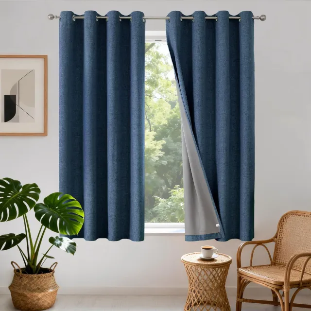 Famanu Set van 2 gordijnen in linnenlook, 100% ondoorschijnend, met gecoate achterkant en inslagringen, verduisterend en warmte-isolerend Zwart