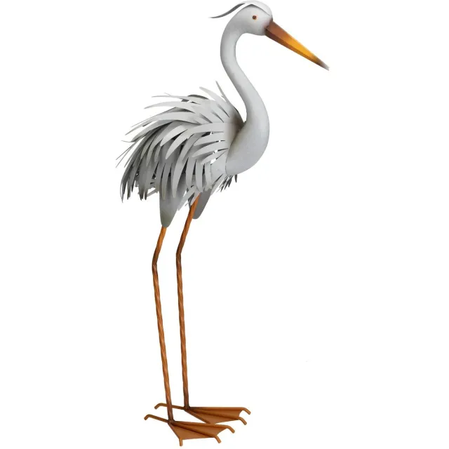 Pro Garden tuin decoratie dier / vogel beeld - Metaal - Reiger - 78 cm - buiten - lichtgrijs