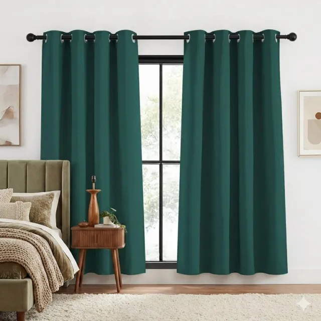 Maison Elara Verduisterende Gordijnen Kort met Lussen, 140x145 cm, 2 Panelen, Donkergroen - Thermo Gordijn voor Woonkamer en Slaapkamer