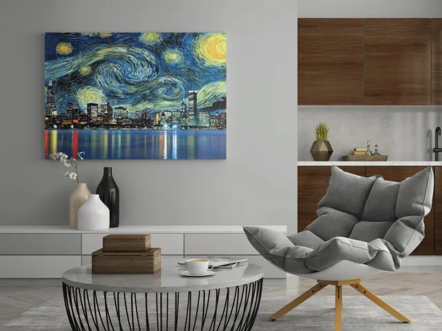 Trendex Global Canvas Schilderij - Abstracte Stad - Van Gogh Stijl - 120x80x2 cm Blauw
