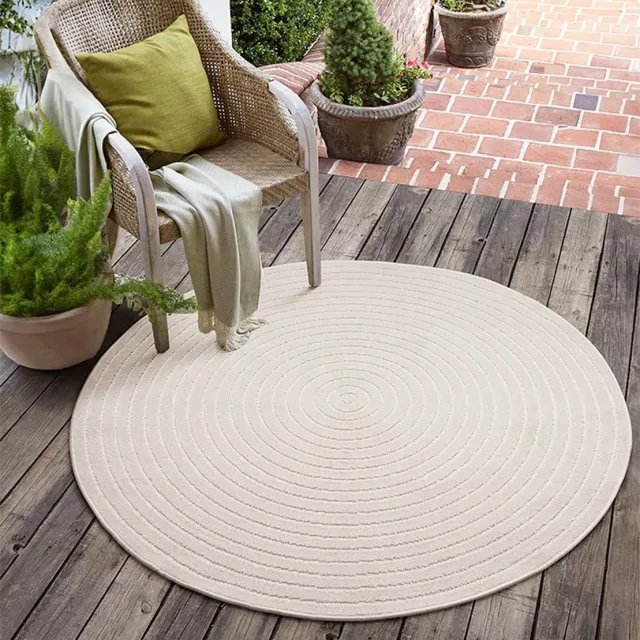 the carpet Santo Plus – Rond outdoor vloerkleed met 3D cirkelpatroon, weerbestendig en onderhoudsvriendelijk, crème rond met fijn cirkelreliëf, 160 cm rond