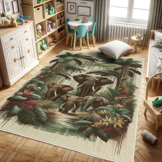 ABAKUHAUS Decoratief vloerkleed met olifanten, wilde natuur, hoogwaardig vloerkleed voor slaapkamer en woonkamer, 69x114 cm, jadegroen karamel