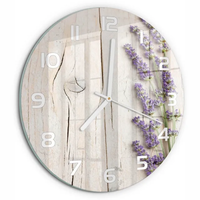 TULUP Wandklok - Lavendel op hout Glazen Klok Met Print - fi30 cm - Paars Wandklok Glas Met Motief - Witte handen - Ronde Klok - Wandklok Glas Decoratie - Gekleurde Glazen Klok