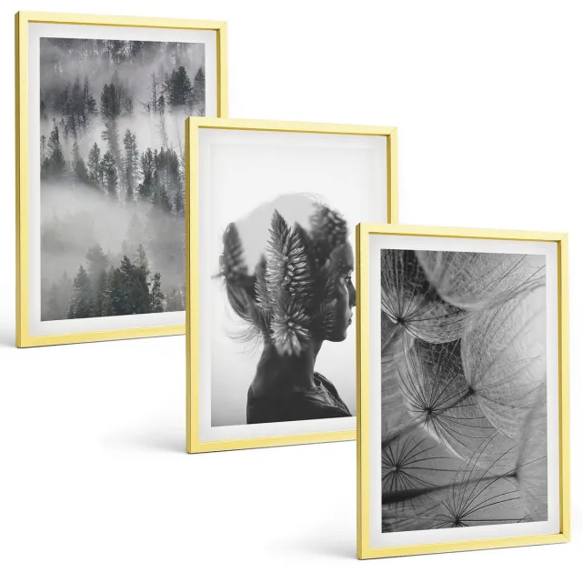 TULUP 4-Delige Schilderij Set - Bos in de mist: portret met bomen en een tere paardenbloem. - 40 x 60 cm - Decoratieve Schilderijen - Wanddecoratie - Hal - Stijlvolle Muurdecoratie Gouden lijst