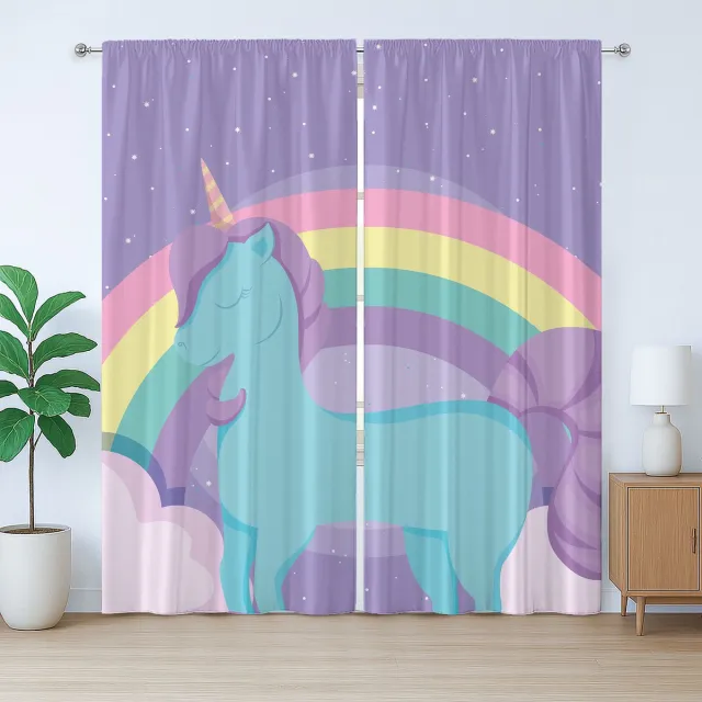 ABAKUHAUS Eenhoorn Rustiek Gordijn, Kleuterschool Regenboog Pony Kunst, met Lussen en Haken, 280 x 260 cm, Meerkleurig Lavendelblauw