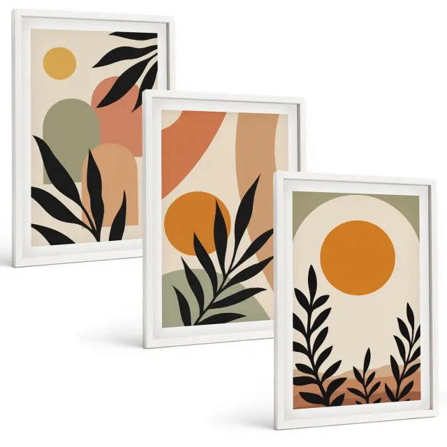 TULUP 3-Delige Schilderij Set - Abstracte vormen en plantmotieven in warme kleuren. - 40x60 - Stijlvolle Wanddecoratie - Interieur - Woonkamer Decoratie Witte lijst