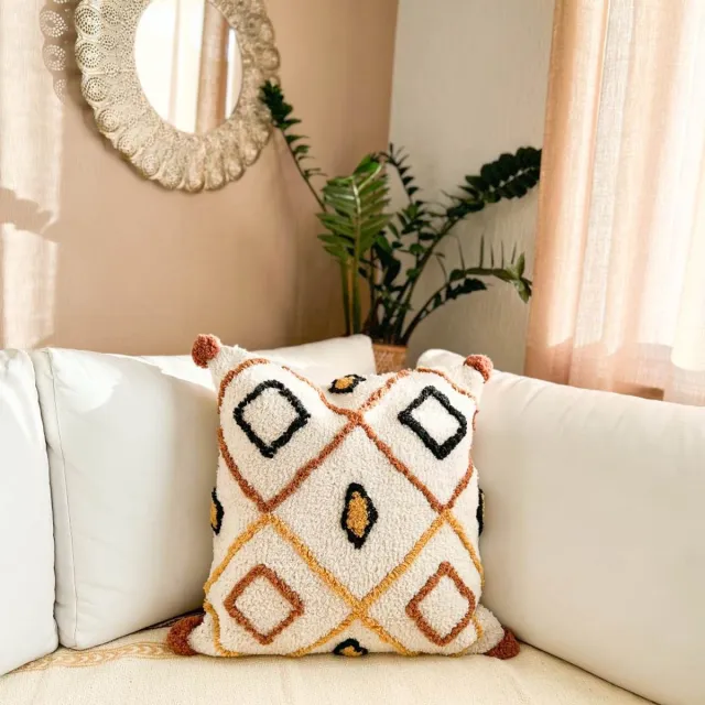 The Four Pursuits TFP Tufted Cushion Cover - Sierkussenhoes | Samya - 50 x 50 cm - 100% Organic Cotton (GOTS Certified) - Handmade in India - cream, natural white, Colourful