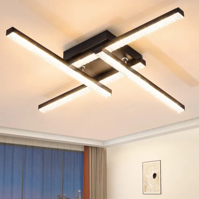 NETTLIFE Plafondlamp LED - Kristallen lamp - 4-Lichts - 3000K Warm wit Licht - Zwart - Moderne Plafondverlichting - Metaal en PC - voor Woonkamer | Slaapkamer - 20W