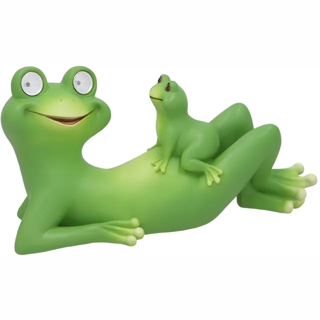 Gerimport Tuinbeeld kikker - liggend - kunststeen - 35 x 12 x 19 cm - groen - Solar licht ogen