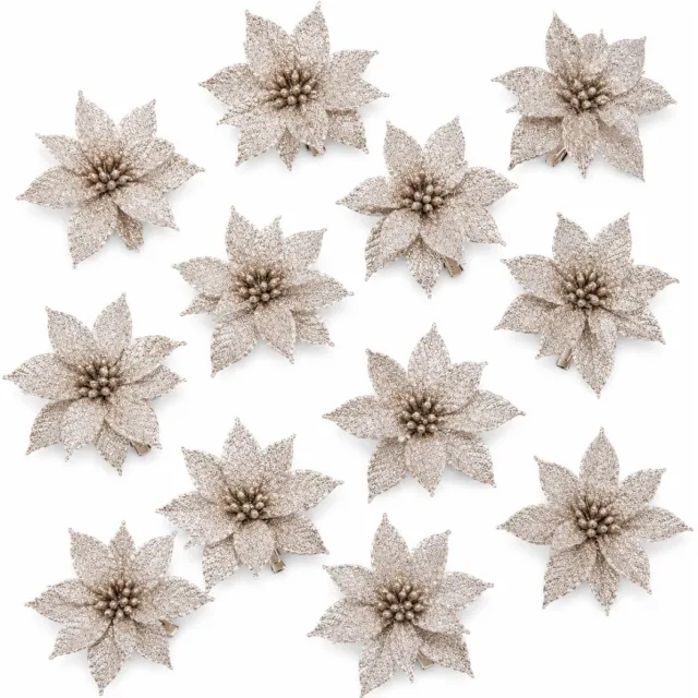 Cosy&Trendy Cosy & Trendy Decoratie rozen bloemen - 12x st - champagne - glitter - op clip - 8 cm - kerstversiering