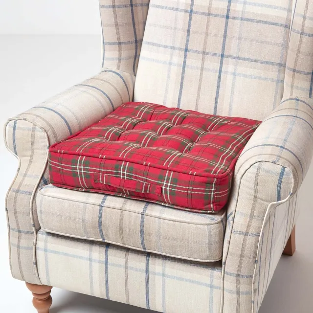 Homescapes Zitkussen tartan rood-groen, 50 x 50 cm – fauteuilkussen met katoenen hoes