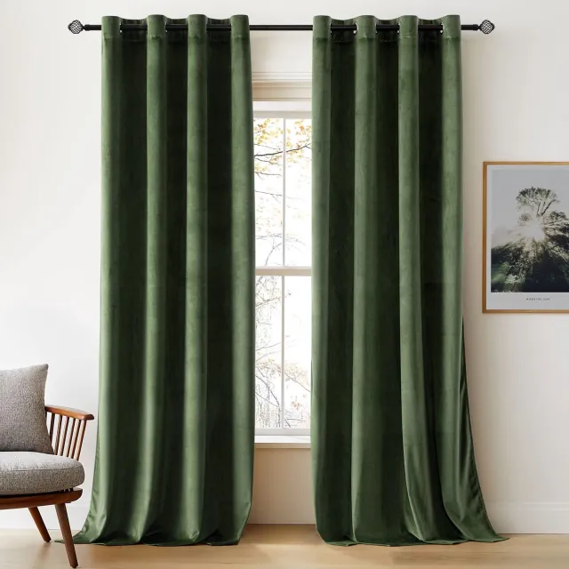 Famanu Thermische verduisteringsgordijnen set van 2 voor woonkamer en slaapkamer, fluweel, isolerend, warmte- kouwerend, met ringen, 140x245 cm, olijfgroen