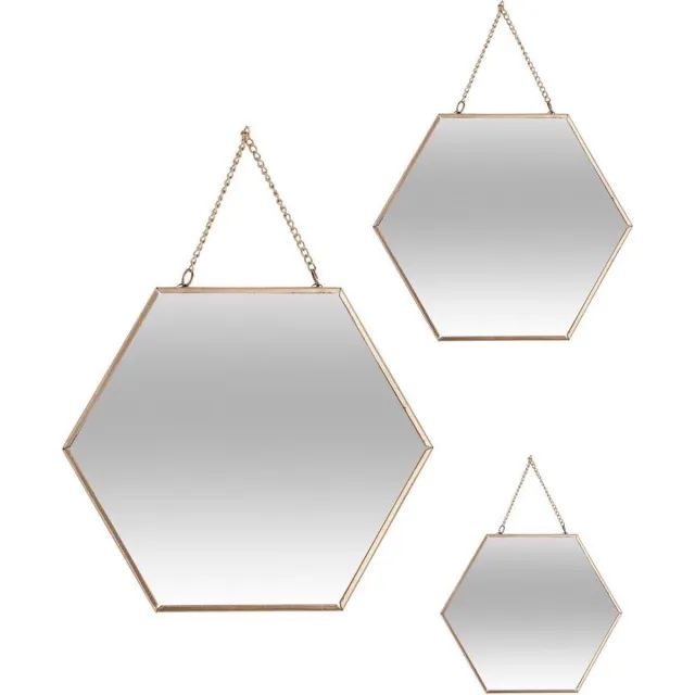 Atmosphera Wandspiegels - set van 3 spiegels - hexagon - metaal goud met ketting