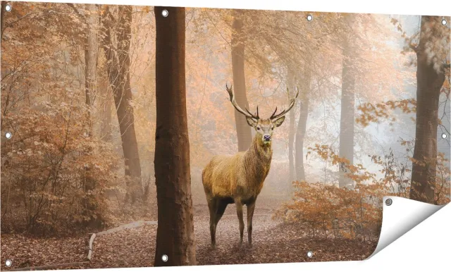 Gards Tuinposter Hert in het Bos - Herfst - 140x70 cm - Tuindoek - Tuindecoratie - Wanddecoratie buiten - Tuinschilderij Multikleur