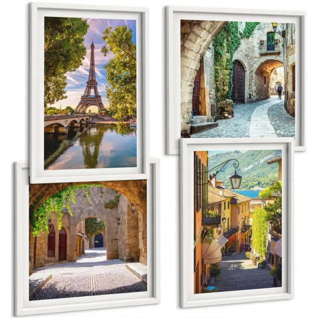 Coloray 4-Delige Schilderij Set - Prachtige Straten, Historische Architectuur, Eiffeltoren - 40 x 40 En 40 x 60 - Stijlvolle Muurdecoratie - Slaapkamer - Wanddecoratie Witte lijst