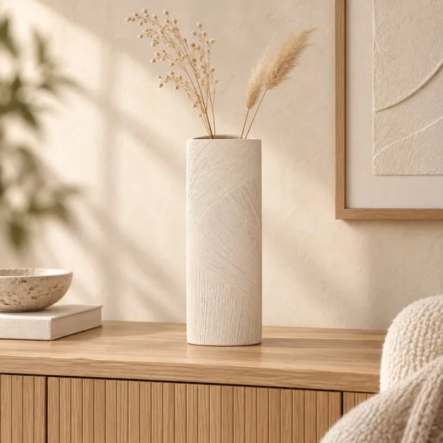 Fameilleur Vaas Beige 13,5 x 9,5 x H 35,5 cm – Hoge Ovale Keramische Vaas van Stoneware –Moderne Designvaas met Reliëf – Decoratieve Bloemenvaas en Droogbloemenvaas voor Woonkamer, Hal en Slaapkamer- vaas- Scandinavische vaas- hotel vaas, wabi-sabi