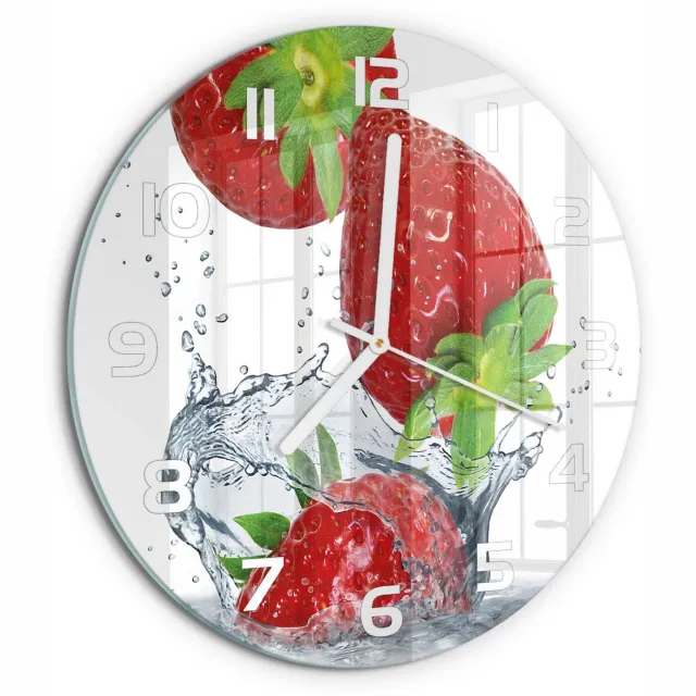 TULUP Wandklok - Aardbeien en water Wandklok Glas Decoratie - fi30 cm - Rood Gekleurde Glazen Klok - Witte handen - Ronde Klok - Klok Glas Met Opdruk - Moderne Wandklok Glas