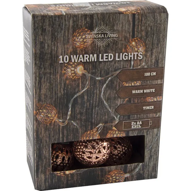Svenska Living Lichtsnoer - 10 balletjes - koper - op batterijen - 100 cm - Kerstverlichting/sfeerverlichting