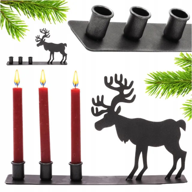 KAPAGA Metalen Adventskaarsenhouders met Rendier - 38cm Zwart met glitter