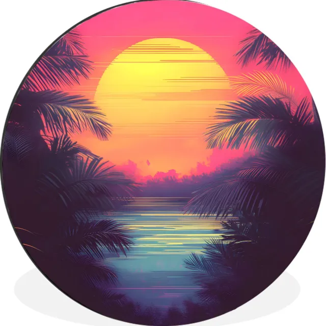 WallCircle Wandcirkel - Muurcirkel - Zon - Geel - Palmbomen - Tropisch - Aluminium - Dibond - 120x120 cm - Binnen en Buiten Palmbomen - Zon