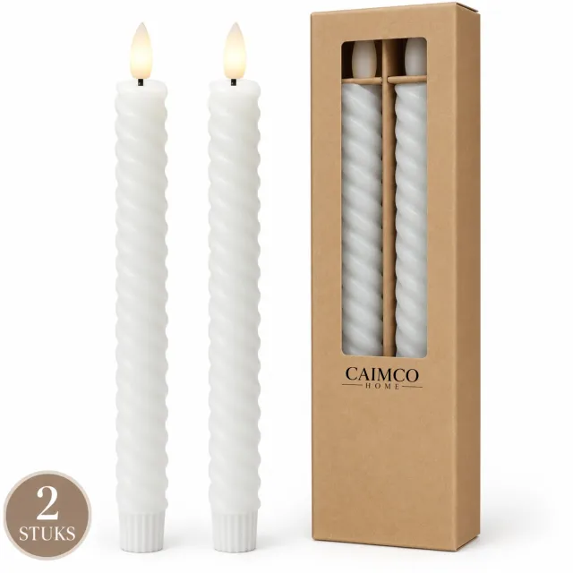 Caimco LED Dinerkaarsen – 2 Stuks – Gedraaide LED Kaarsen met Timer – Batterij – Warm Wit Licht – Wit – 3000 Branduren