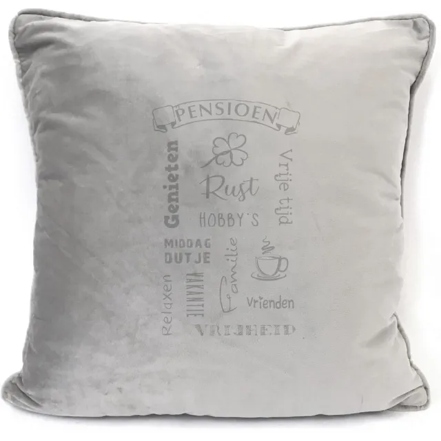 SandD-art Grijs sierkussen Velours - 45x45cm - Met Tekst: Pensioen. Cadeau-afscheid Collega-pensioen.