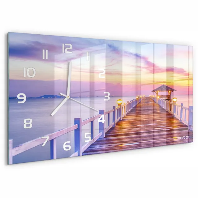 TULUP Wandklok - Houten brug Glazen Wandklok Design - 60x30 cm - Oranje Klok Glas Met Opdruk - Witte handen - Rechthoekige Klok - Wandklok Glas Met Motief - Decoratieve Glazen Klok