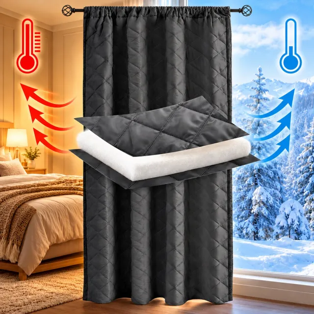Qelus Thermisch Gewatteerd Gordijn - Donkergrijs - 140 x 175 cm - 280 g/m² Polyester - 6-in-1 Ophangsysteem voor Gordijnroede, Haken en Ringen - Lichtdempende Gordijnvoering voor Woonkamer en Slaapkamer