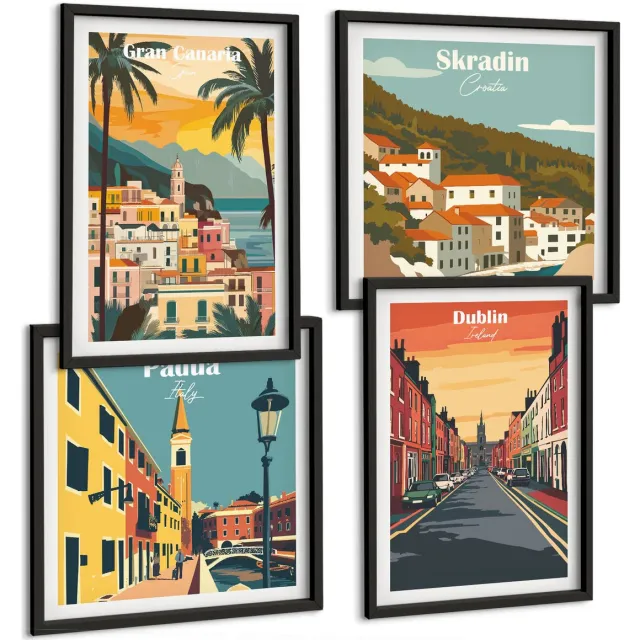 Coloray 4-Delige Schilderij Set - Stads- En Natuurlandschappen In Warme Kleuren - 40 x 40 cm En 40 x 60 cm - Stijlvolle Muurdecoratie - Kantoor - Decoratieve Schilderijen Zwarte lijst