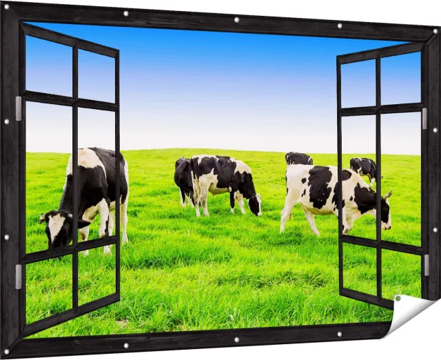Gards Tuinposter Doorkijk Kudde Koeien in de Wei - Hemel Blauwe Lucht - 180x120 cm - Tuindoek - Tuindecoratie - Wanddecoratie buiten - Tuinschilderij Multikleur