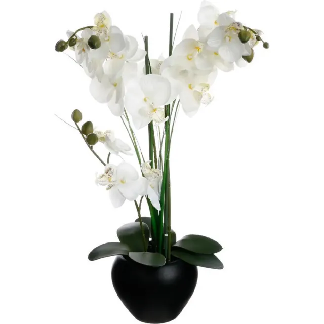 Atmosphera Orchidee bloemen kunstplant in zwarte bloempot - witte bloemen - H53 cm