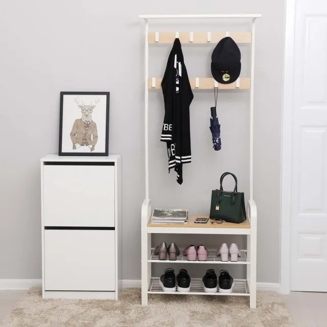 Conway Living Kapstok met Schoenenrek - Garderoberek met Zitbank - Hal Meubel - 4-in-1 Schoenenbank - Kledingrek met 9 Haken - Eiken & Crème - 183x72x34 cm