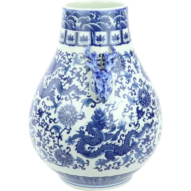 Fine Asianliving Chinese Vaas Porselein Draak Handgeschilderd Blauw-Wit D24xH29cm Blauw, Wit