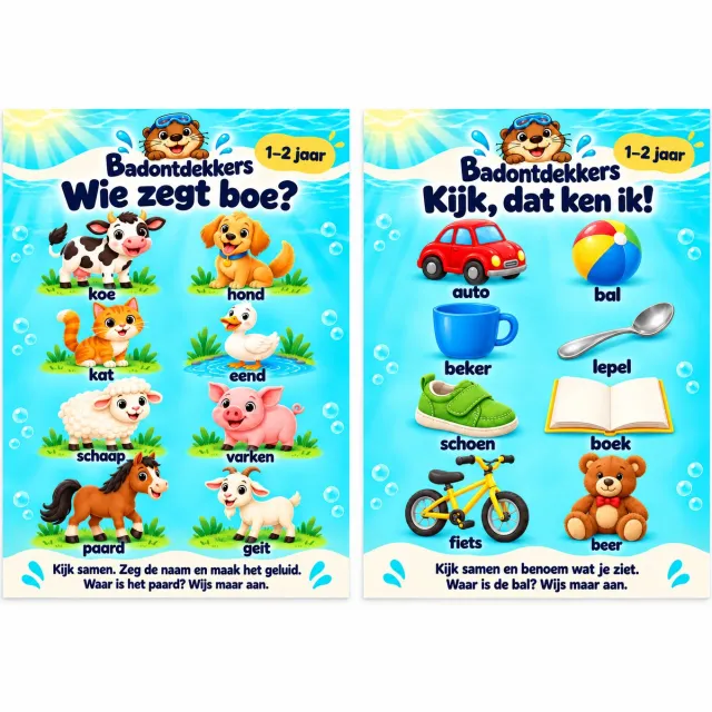 Badontdekkers educatieve Badposter set van 2 - Eerste woordjes – 1–2 jaar - A3 - Herplakbaar Multi colour