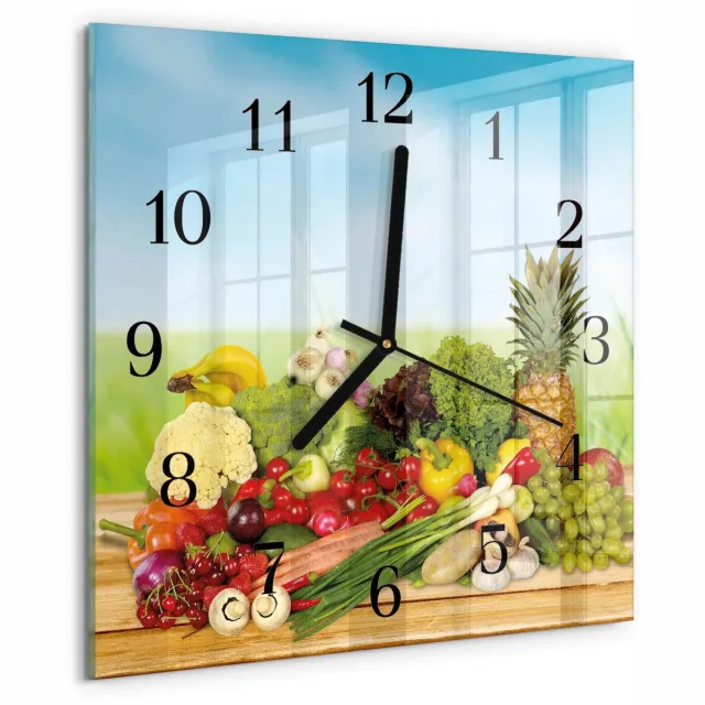 TULUP Wandklok - Groenten en fruit Glazen Wandklok Design - 30x30 cm - Veelkleurig Klok Glas Met Opdruk - Zwarte Handen - Vierkante Wandklok - Wandklok Glas Met Motief - Decoratieve Glazen Klok Veelkleurig - Groenten en fruit