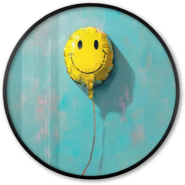 FrameYourWall Poster in lijst Rond - Fotolijst 80x80 cm - Posters - Ballon - Geel - Smiley - Ronde posterlijst zwart - Decoratie - Wanddecoratie woonkamer - Muurdecoratie slaapkamer Ballon - Smiley