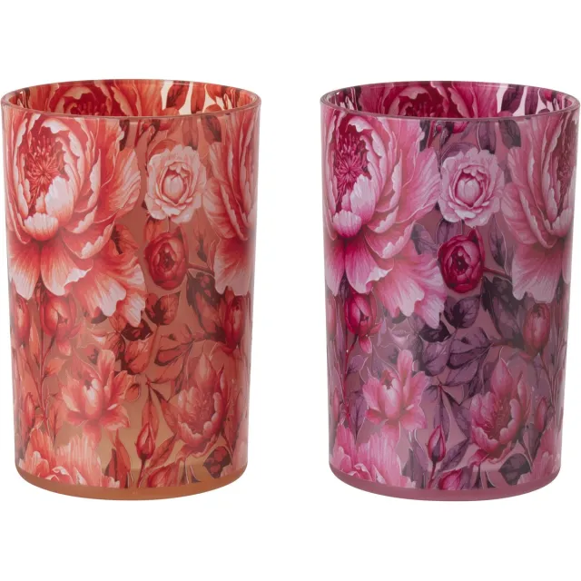 J-Line theelichthouder Bloemen - glas - oranje/roze - large - set van 2