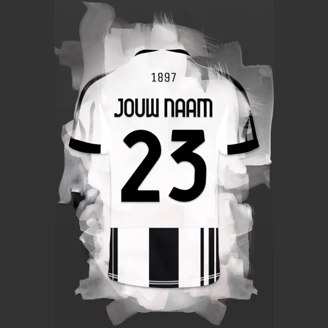 Juventus 2025-2026 ingelijste poster met personalisatie - Met eigen naam en rugnummer - A4 formaat - 21x29.7 cm - Semi/ glossy papier - Voetbal shirt poster - Geïnspireerd op de kleuren van Juventus en een beetje fantasie Donkergrijze achtergrondkleur