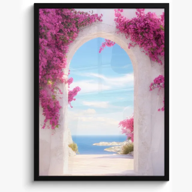 FrameYourWall Poster in lijst - Fotolijst 50x70 cm - Posters - Zee - Roze - Bloemen - Poort - Posterlijst zwart - Decoratie - Wanddecoratie woonkamer - Muurdecoratie slaapkamer Witte poort - Roze bloemen