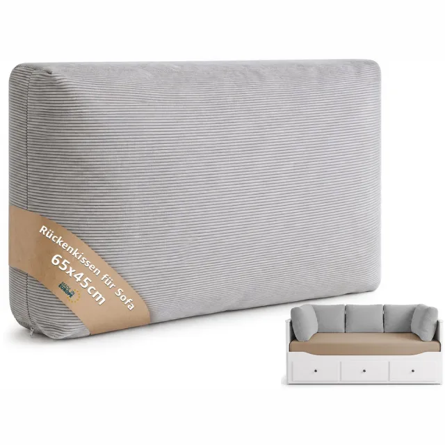 Torvello Rugkussen bank met vulling en afneembare hoes 65 x 45 cm – bankkussen voor bedbank slaapbank & muur – hoofdbord kussen rechthoekig stevig vormvast wasbaar zithoek woonkamer Lichtgrijs Corduroy