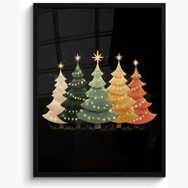 FrameYourWall Poster in lijst - Fotolijst 60x80 cm - Posters - Kerstbomen - Kleurrijk - Lichtjes - Ster - Posterlijst zwart - Decoratie - Wanddecoratie woonkamer - Muurdecoratie slaapkamer - Kerstversiering - Kerstdecoratie voor binnen - Kerstmis