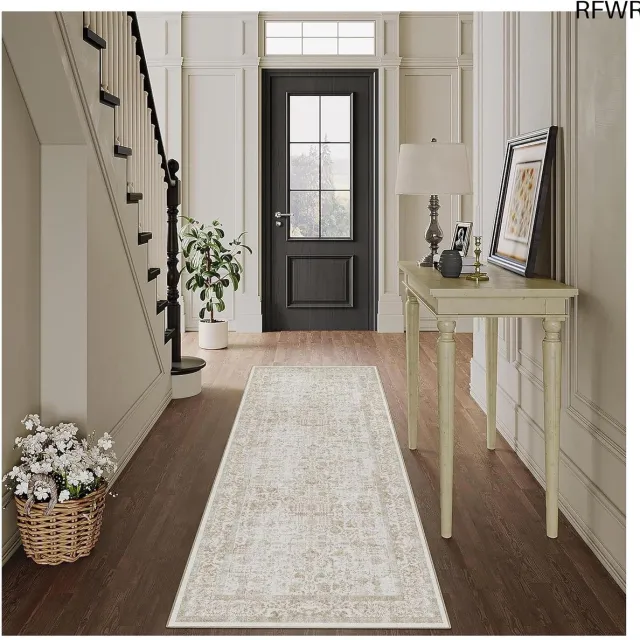 RFWR Vintage Antislip Vloerkleed 60x180cm | Bruin Tapijt voor Keuken en Woonkamer Licht Bruin