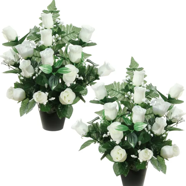 Louis Maes Kunstbloemen in pot - 2x - wit - H35 cm - Bloemstuk ornament - rozen/gipskruid met bladgroen