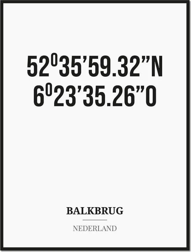 Studio216 Poster/kaart BALKBRUG met coördinaten zwart, wit