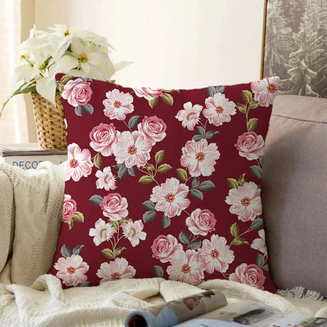De Groen Home Kussensloop - kussenhoes - Sierkussenhoes - hoes voor vloerkussen 70x70cm - Bloemen op bordeaux - Vloerkussenhoes Kussenhoesje